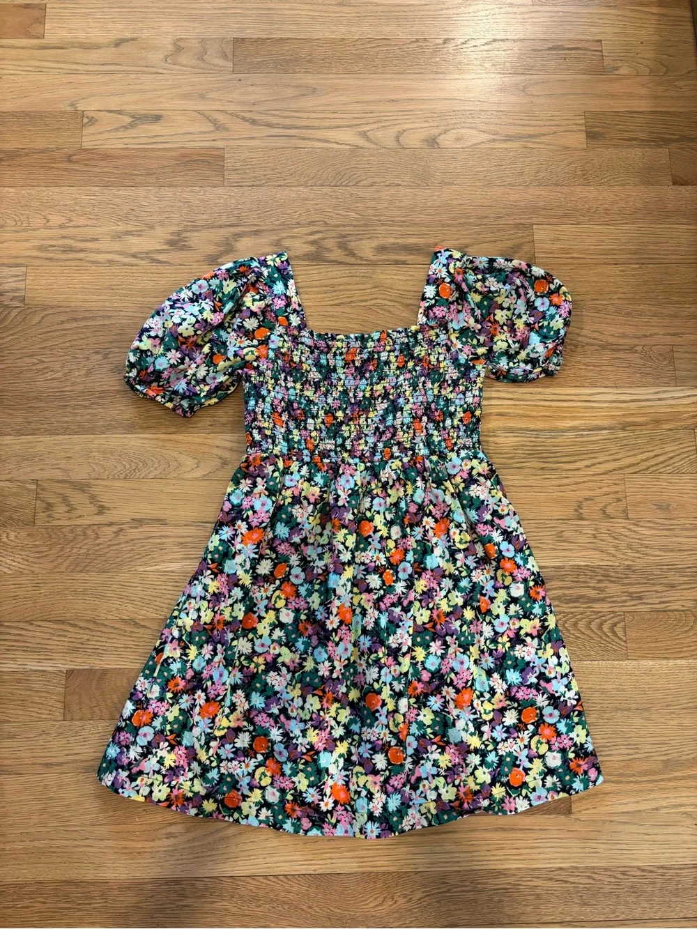 Girls Black Floral Puff-Sleeve Smocked Dress NWOT